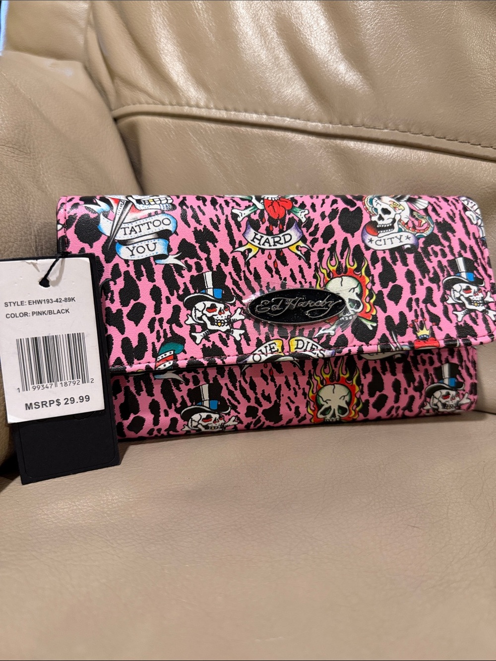 NWT Ed Hardy Pink & Black Tattoo-Print Flap Wallet Retail $29.99